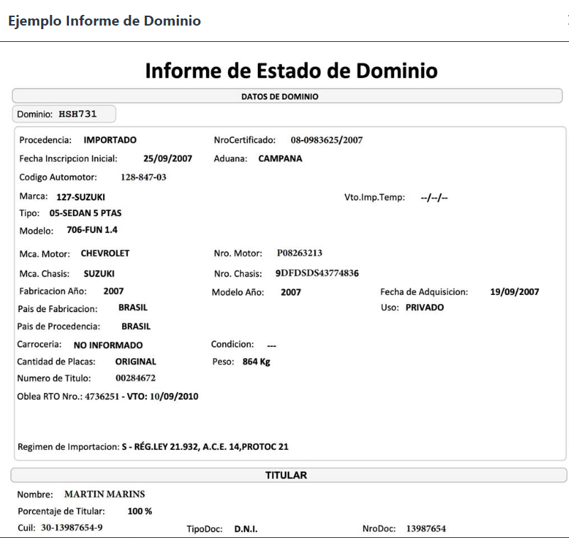 Ejemplo de informe de dominio automotor
